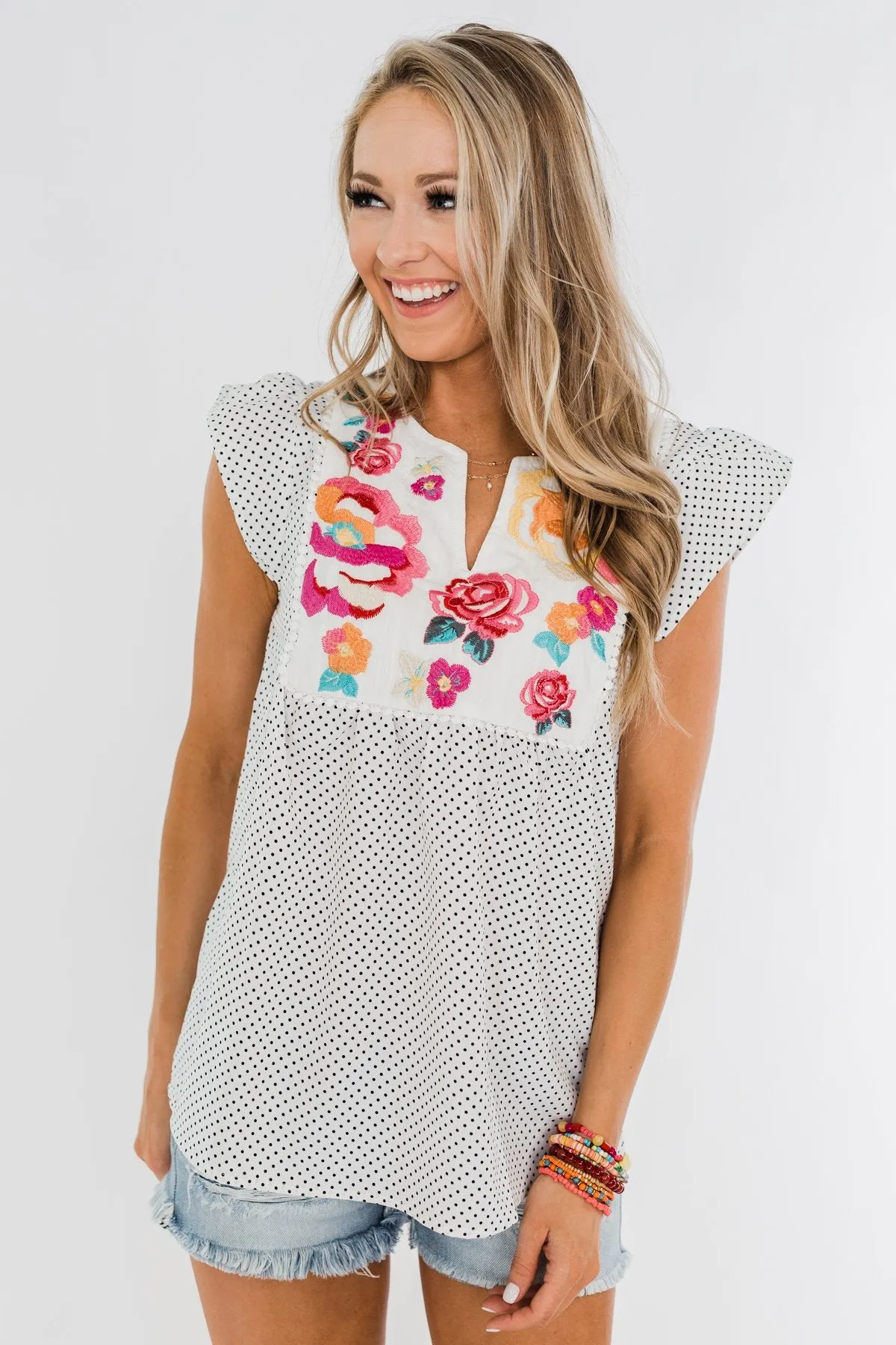 Floral Embroider & Polka Dot Top- Ivory