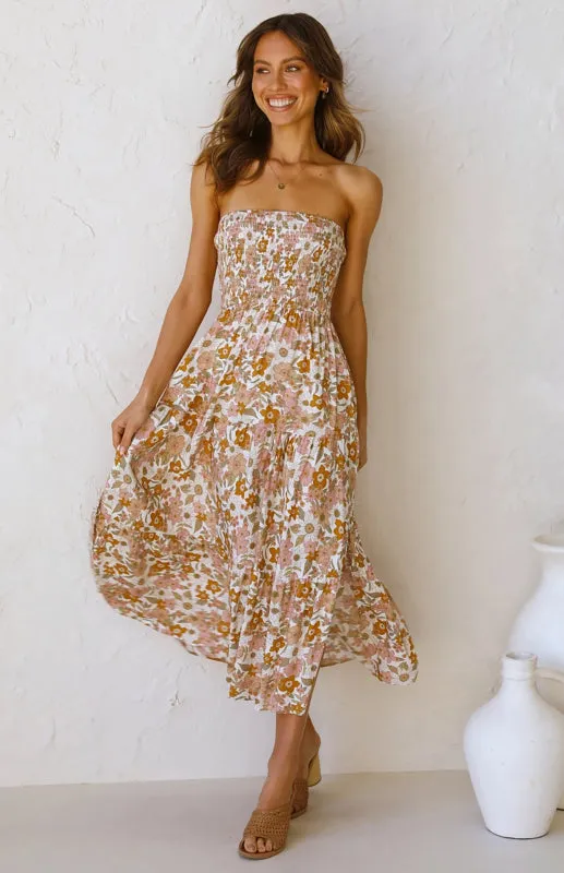 Floral Print Boho Maxi Dress with Smocked Bodice and High Slit