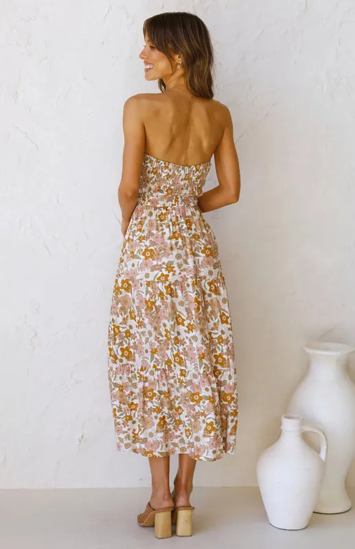 Floral Print Boho Maxi Dress with Smocked Bodice and High Slit