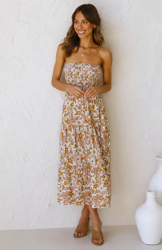 Floral Print Boho Maxi Dress with Smocked Bodice and High Slit