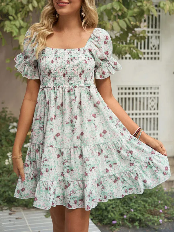 Floral Print Chiffon Dress with Smocked Bodice and Puff Sleeves