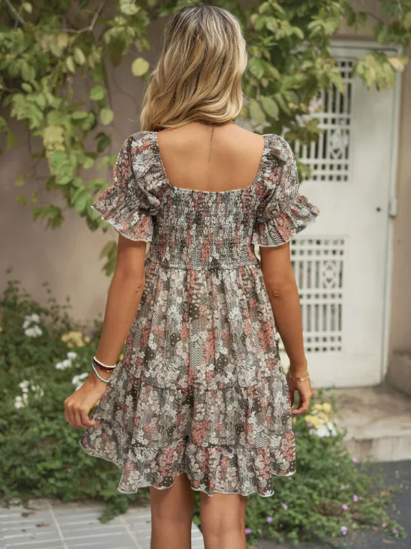 Floral Print Chiffon Dress with Smocked Bodice and Puff Sleeves