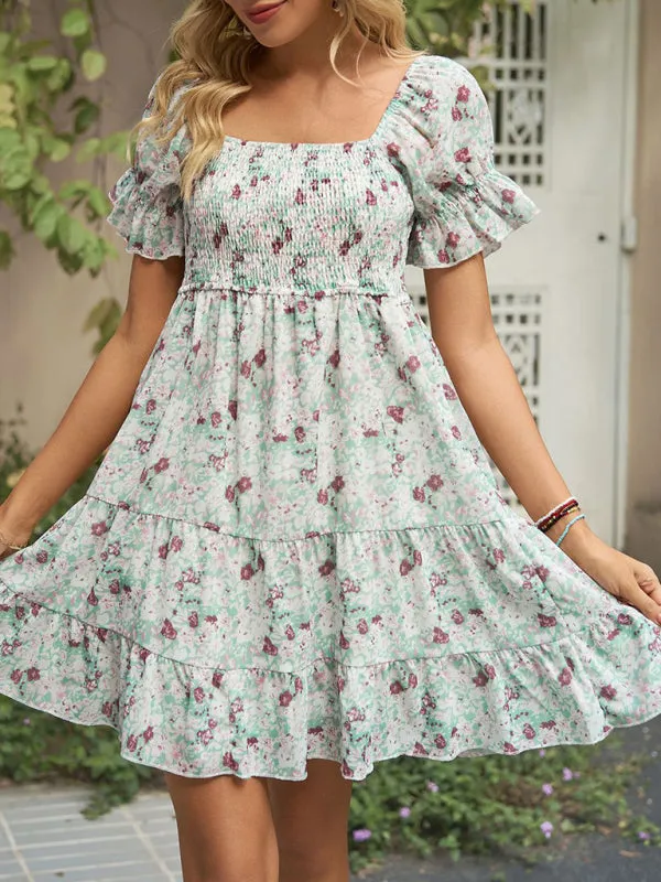 Floral Print Chiffon Dress with Smocked Bodice and Puff Sleeves