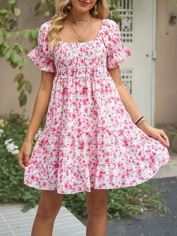 Floral Print Chiffon Dress with Smocked Bodice and Puff Sleeves