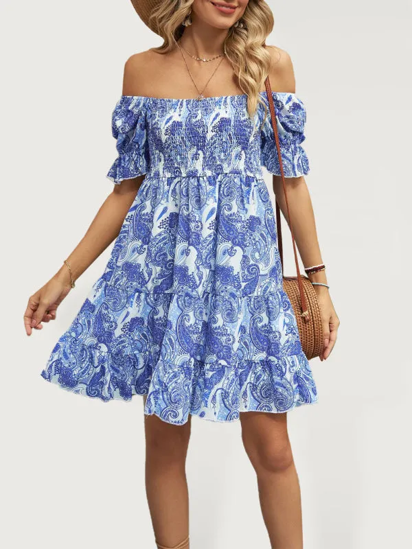 Floral Print Chiffon Dress with Smocked Bodice and Puff Sleeves