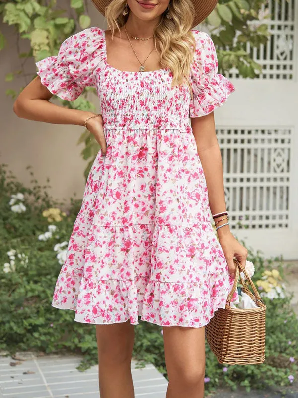 Floral Print Chiffon Dress with Smocked Bodice and Puff Sleeves