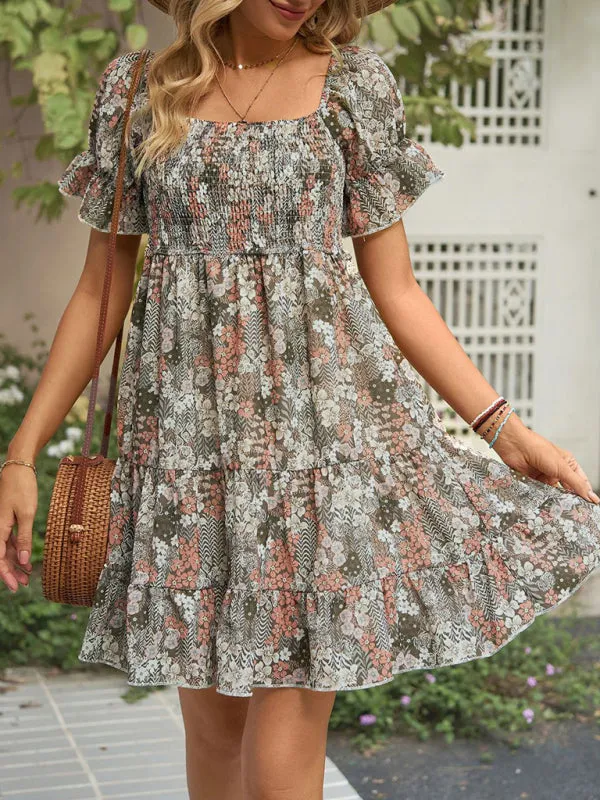 Floral Print Chiffon Dress with Smocked Bodice and Puff Sleeves
