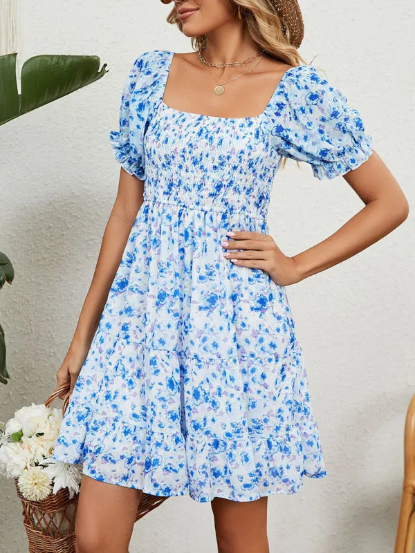 Floral Print Chiffon Dress with Smocked Bodice and Puff Sleeves