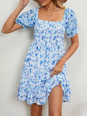 Floral Print Chiffon Dress with Smocked Bodice and Puff Sleeves