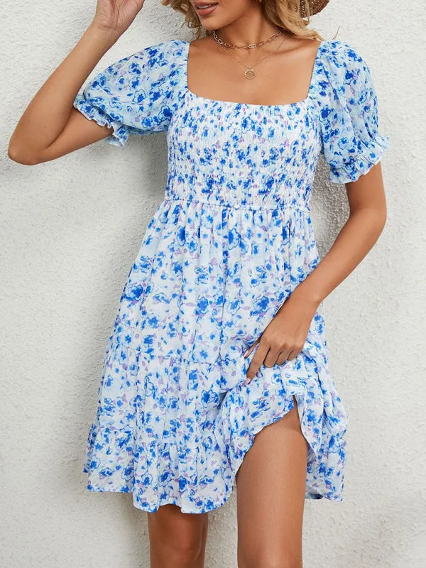 Floral Print Chiffon Dress with Smocked Bodice and Puff Sleeves