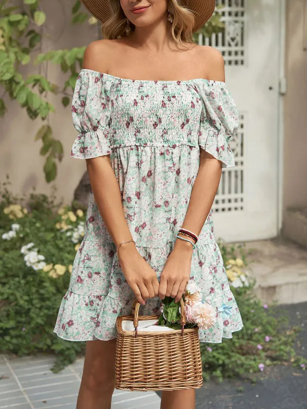 Floral Print Chiffon Dress with Smocked Bodice and Puff Sleeves