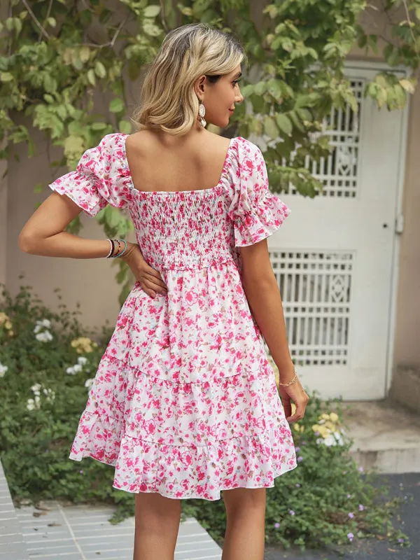 Floral Print Chiffon Dress with Smocked Bodice and Puff Sleeves
