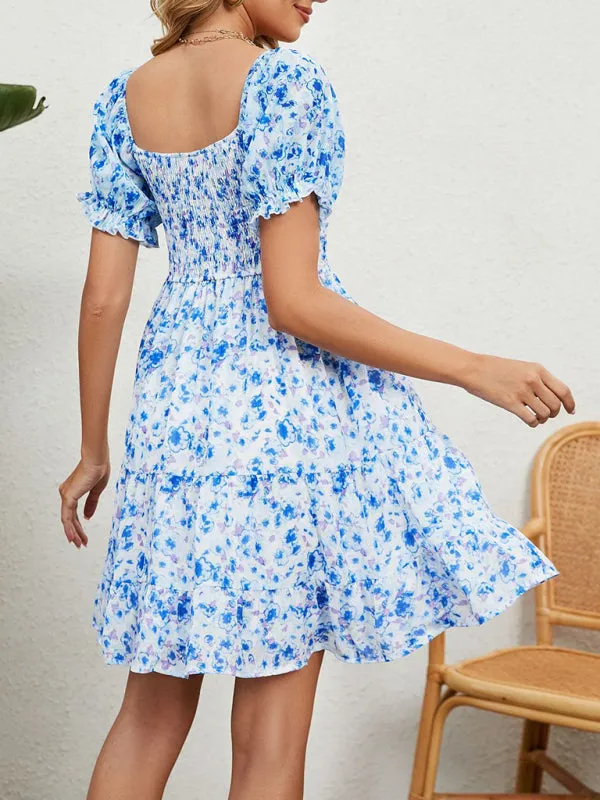 Floral Print Chiffon Dress with Smocked Bodice and Puff Sleeves
