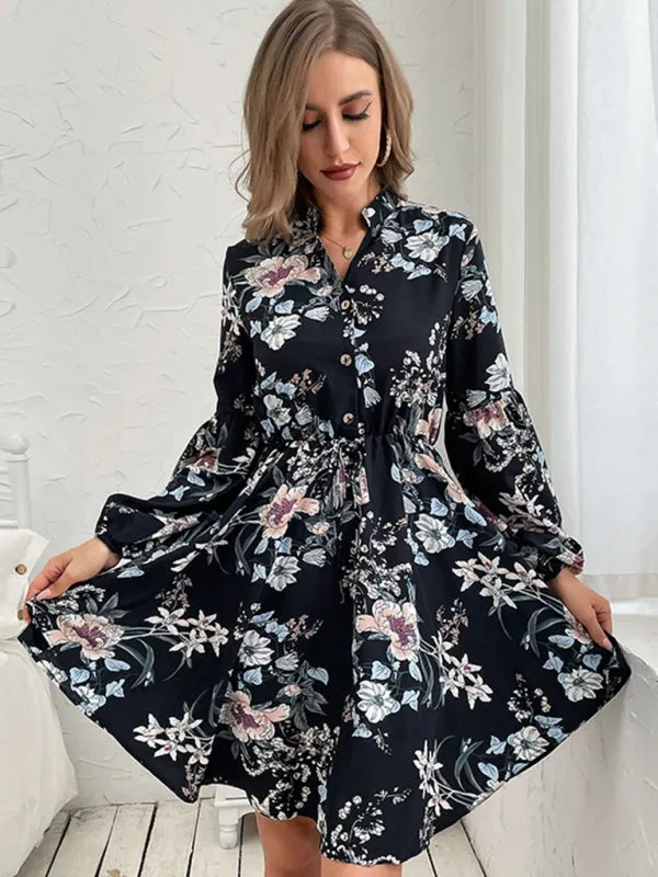Floral Print Long Sleeve Dress with Button-Up Design
