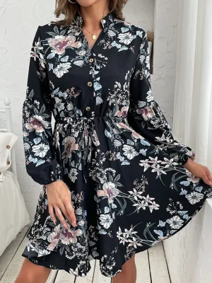 Floral Print Long Sleeve Dress with Button-Up Design