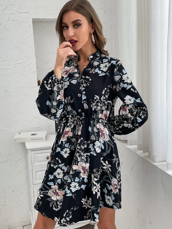 Floral Print Long Sleeve Dress with Button-Up Design