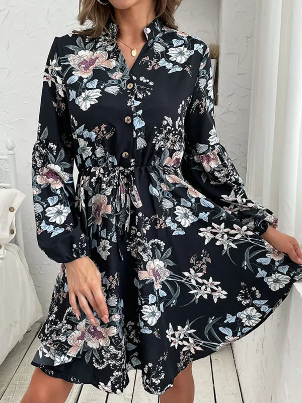 Floral Print Long Sleeve Dress with Button-Up Design