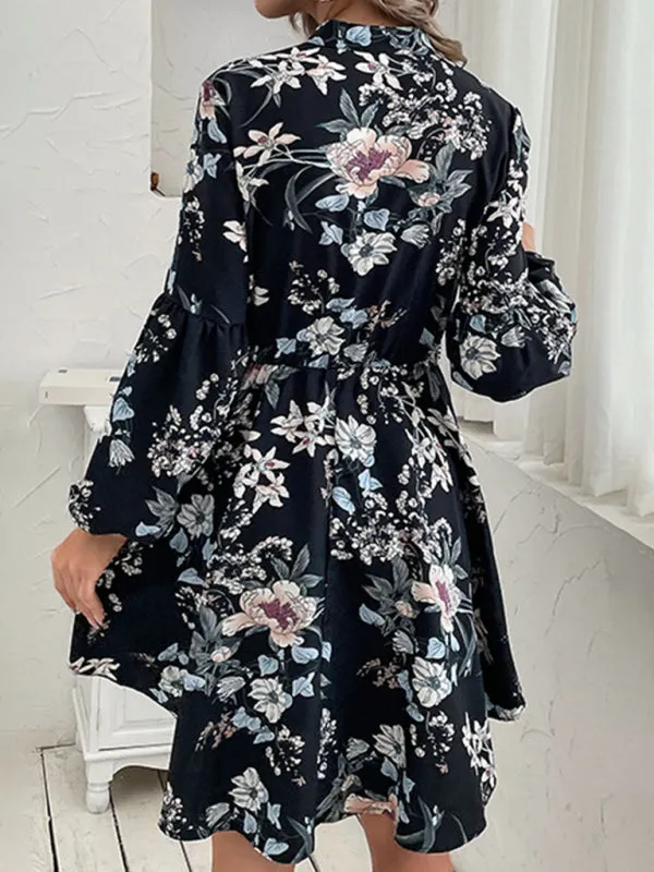Floral Print Long Sleeve Dress with Button-Up Design