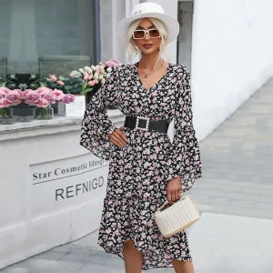 Floral Print Long-Sleeved Dress with High-Low Hemline