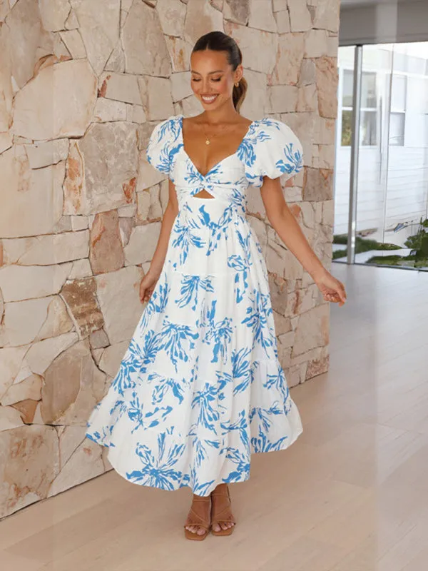 Floral Print Maxi Dress with Puff Sleeves and Cut-Out Detail