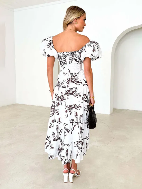 Floral Print Maxi Dress with Puff Sleeves and Cut-Out Detail
