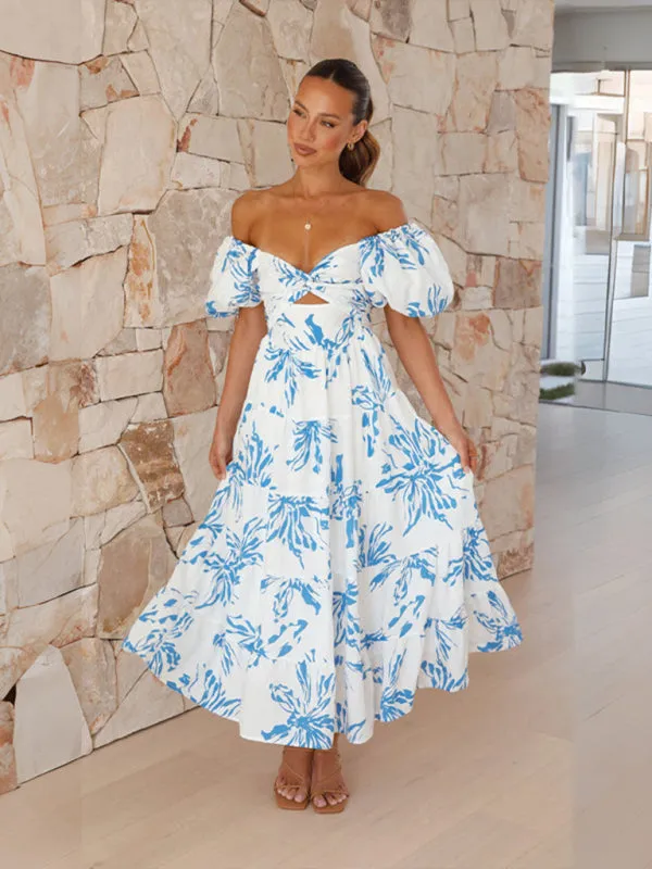 Floral Print Maxi Dress with Puff Sleeves and Cut-Out Detail
