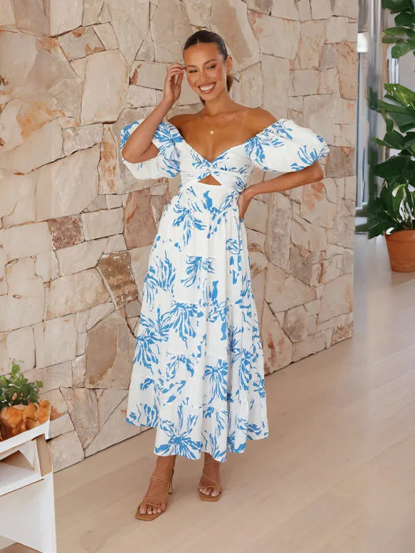 Floral Print Maxi Dress with Puff Sleeves and Cut-Out Detail