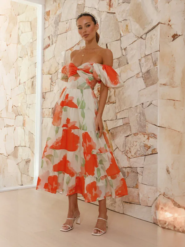 Floral Print Maxi Dress with Puff Sleeves and Cut-Out Detail