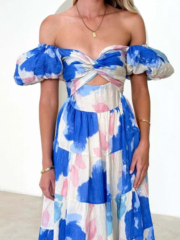 Floral Print Maxi Dress with Puff Sleeves and Cut-Out Detail