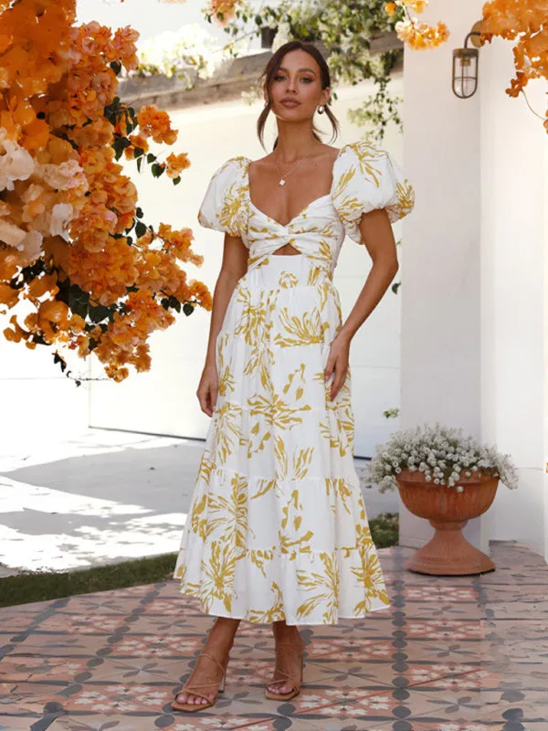 Floral Print Maxi Dress with Puff Sleeves and Cut-Out Detail