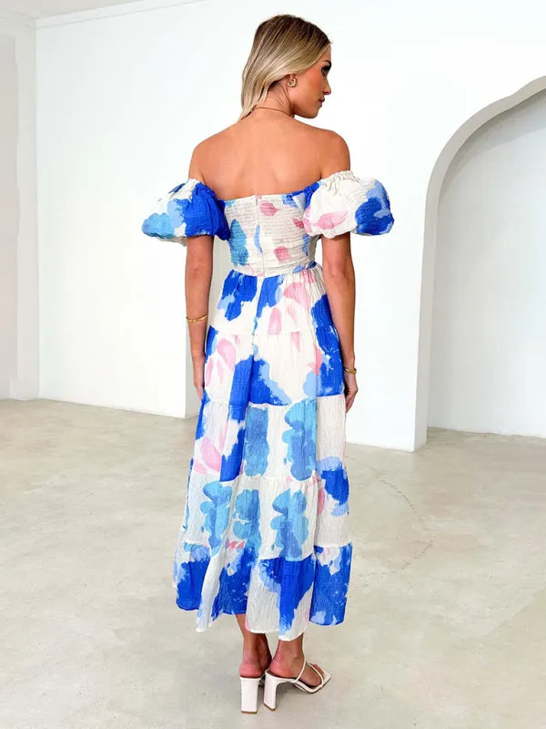 Floral Print Maxi Dress with Puff Sleeves and Cut-Out Detail