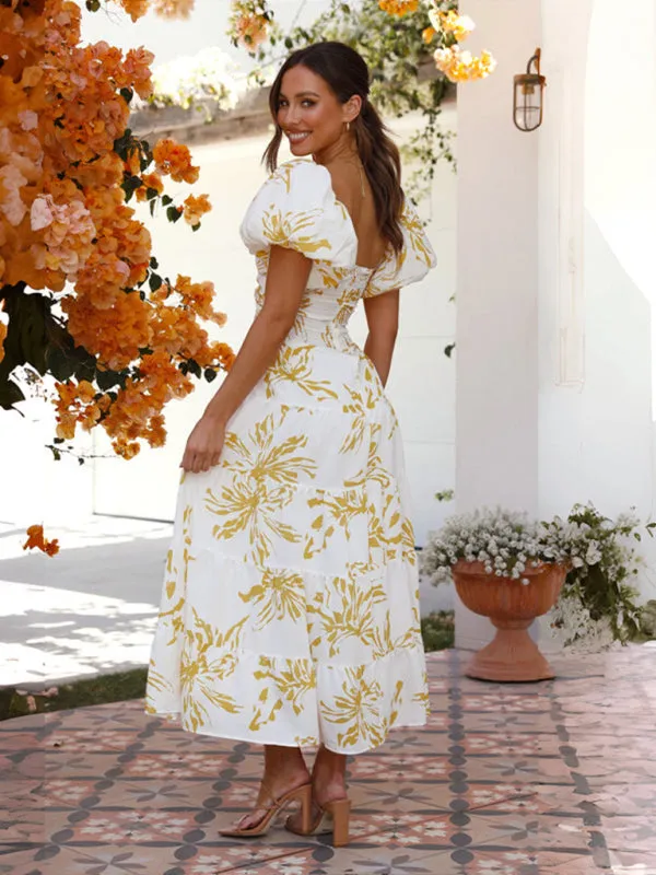 Floral Print Maxi Dress with Puff Sleeves and Cut-Out Detail
