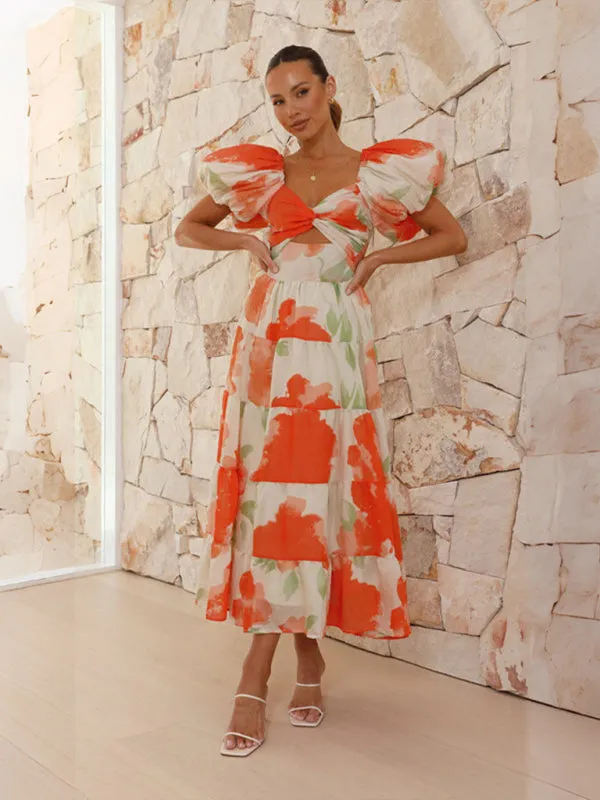 Floral Print Maxi Dress with Puff Sleeves and Cut-Out Detail