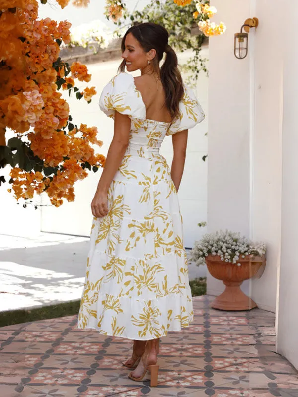 Floral Print Maxi Dress with Puff Sleeves and Cut-Out Detail