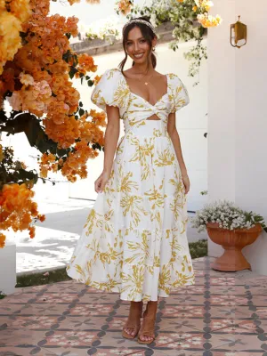 Floral Print Maxi Dress with Puff Sleeves and Cut-Out Detail