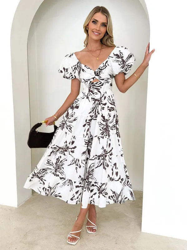 Floral Print Maxi Dress with Puff Sleeves and Cut-Out Detail