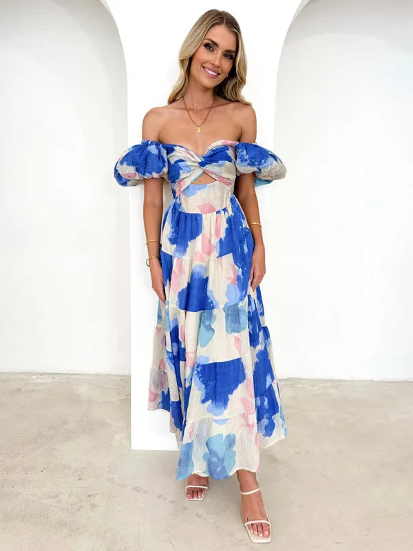 Floral Print Maxi Dress with Puff Sleeves and Cut-Out Detail