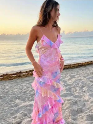 Floral Print Maxi Dress with Ruffled Wavy Edge Design