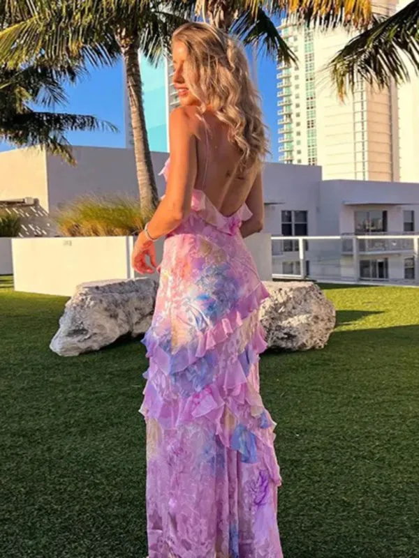 Floral Print Maxi Dress with Ruffled Wavy Edge Design