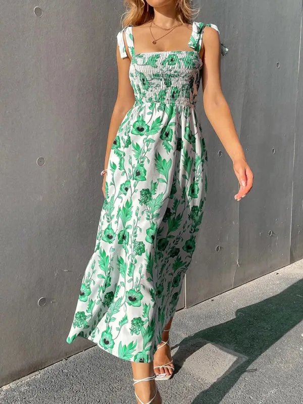 Floral Print Maxi Dress with Smocked Bodice and Tie-Up Straps