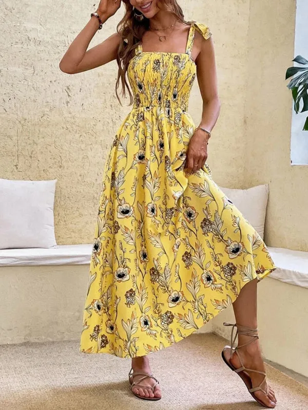 Floral Print Maxi Dress with Smocked Bodice and Tie-Up Straps