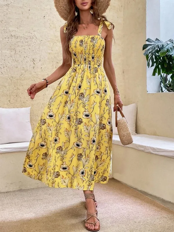 Floral Print Maxi Dress with Smocked Bodice and Tie-Up Straps