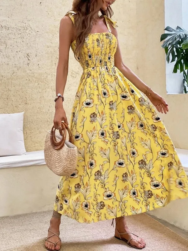 Floral Print Maxi Dress with Smocked Bodice and Tie-Up Straps