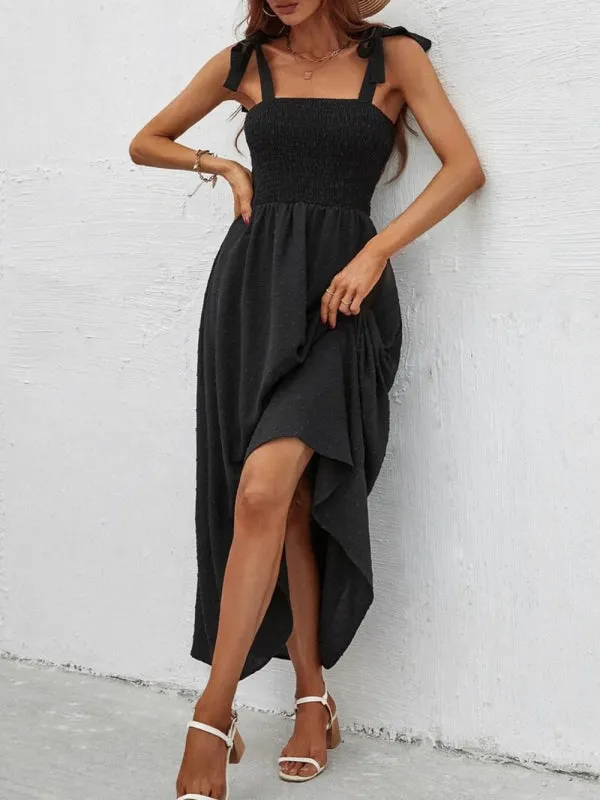 Floral Print Maxi Dress with Smocked Bodice and Tie-Up Straps