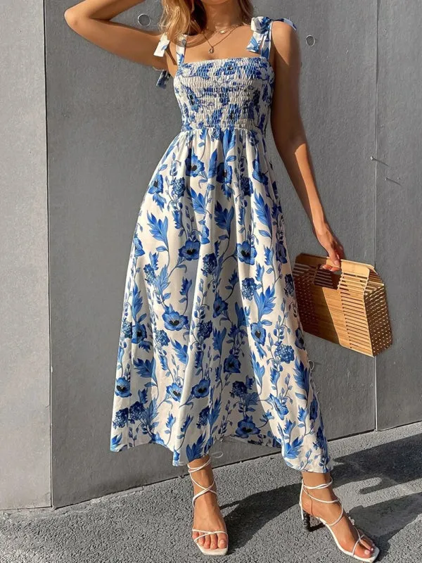 Floral Print Maxi Dress with Smocked Bodice and Tie-Up Straps