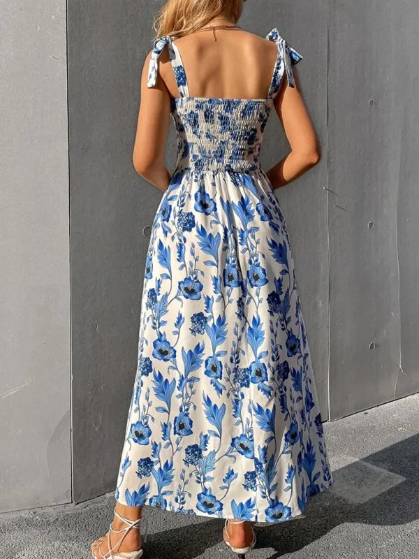 Floral Print Maxi Dress with Smocked Bodice and Tie-Up Straps