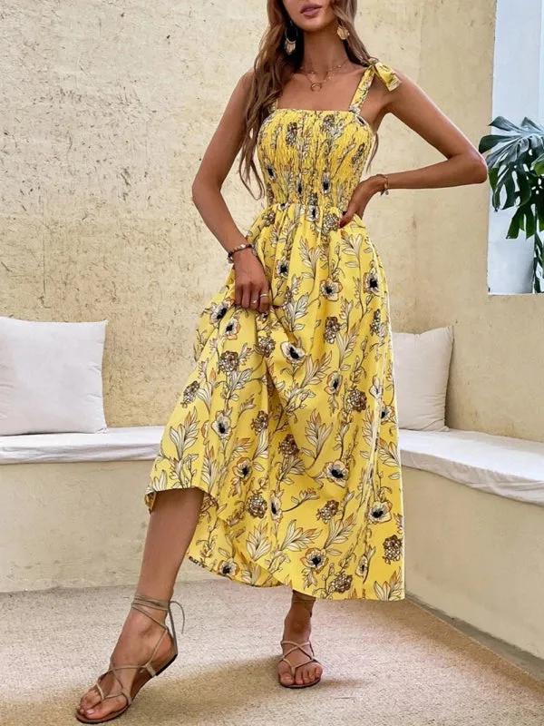 Floral Print Maxi Dress with Smocked Bodice and Tie-Up Straps