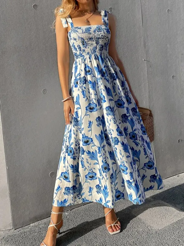 Floral Print Maxi Dress with Smocked Bodice and Tie-Up Straps