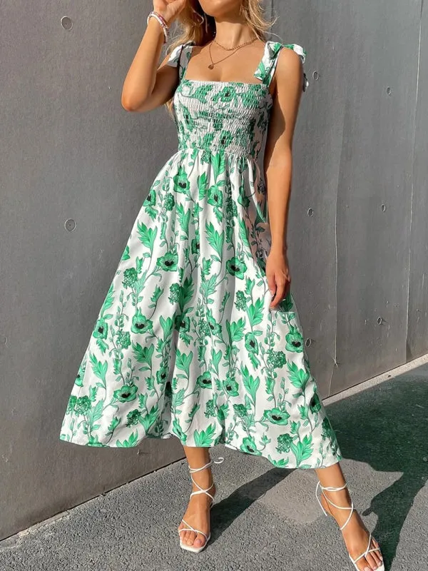Floral Print Maxi Dress with Smocked Bodice and Tie-Up Straps