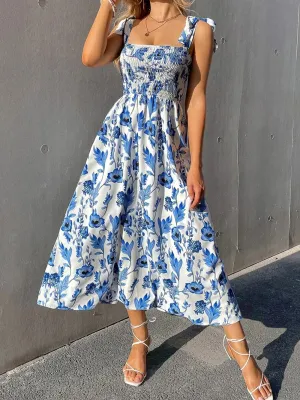 Floral Print Maxi Dress with Smocked Bodice and Tie-Up Straps
